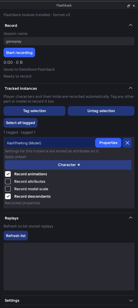 The Flashback widget: Record and Tracked instances